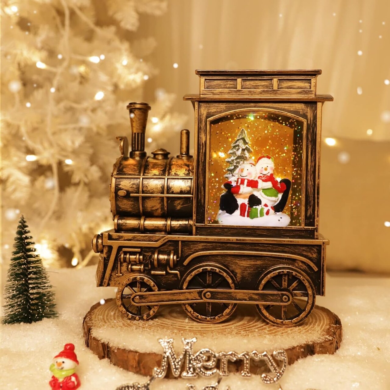 Christmas Snow Globes Train Musical Lighted & Timer 8 Songs 2 Snowman Sledding USB or Battery Operated Glittering Snowglobe Christmas Decorations Office Home Decor Xmas Gifts for Kid Adult